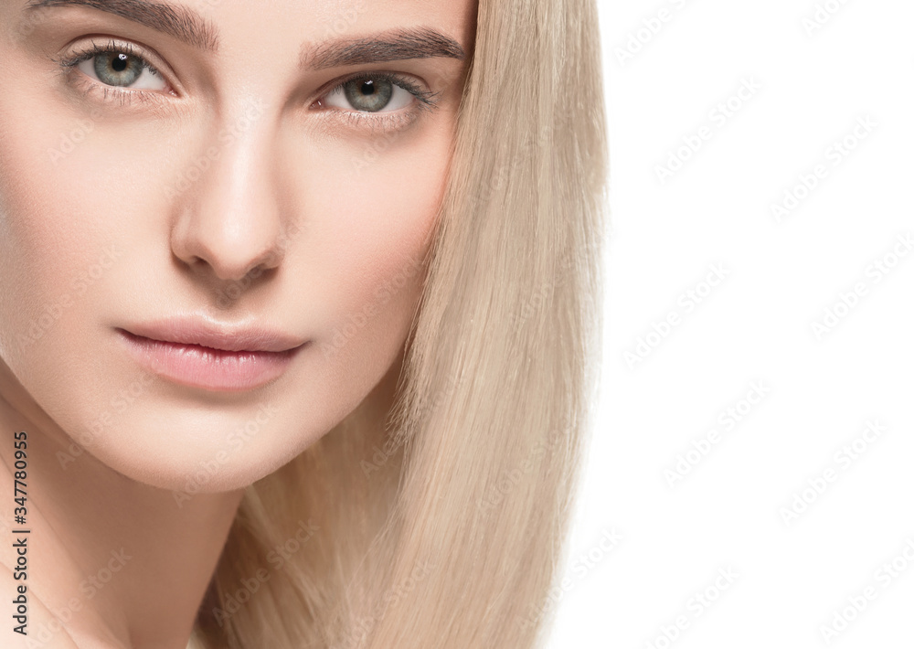 Beautiful blonde hair clean skin beauty female cosmetic model portrait
Beautiful blonde hair clean skin beauty female cosmetic model portrait