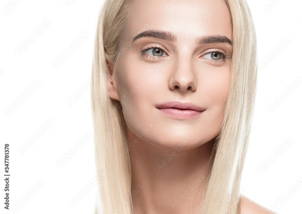 Beautiful blonde hair clean skin beauty female cosmetic model portrait
Beautiful blonde hair clean skin beauty female cosmetic model portrait