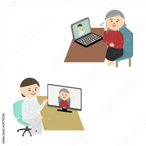 オンライン診療　女性医師　女性　イラスト