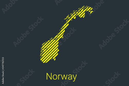 Map of Norway, striped map in a black strip on a yellow background for coronavirus infographics and quarantine area markers and restrictions. vector