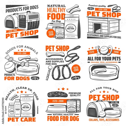 Pet shop dog care supply isolated icons with vector animal food and grooming accessories. Puppy toys, bed and feeding bowl, collar, leash and harness, kennel, carrier and whistle, shampoo and vitamins