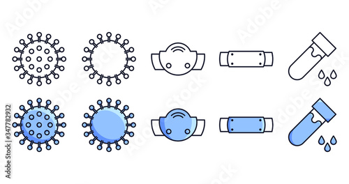 Surgical Mask And Virus Cells. Covid-19, Coronavirus Disease 2020 Prevention. Line Outline, Filled Icons Set. Vector illustration EPS 10.