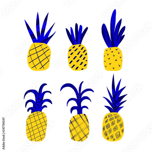 Creative and colorful pineapple. Set of hand drawn pineapples. Summertime fruits on white background.Trendy modern  flat cartoon colorful vector illustration. Doodle fruits.