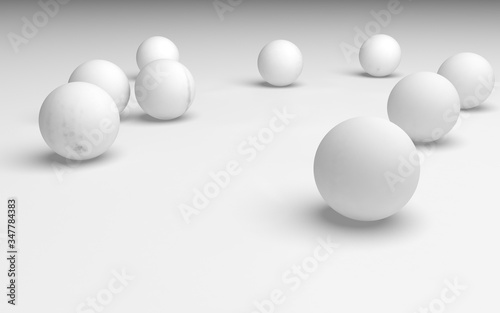 White abstract background. Set of white balls isolated on white backdrop. 3D illustration