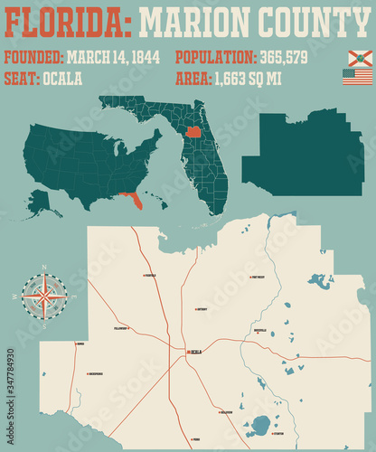 Large and detailed map of Marion county in Florida, USA.
