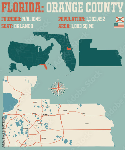 Large and detailed map of Orange county in Florida, USA.
