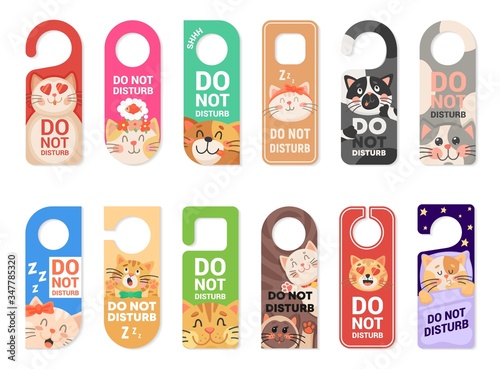 Do not disturb door hanger vector signs, tags or labels with cute cat animals. Hotel room door handle or knob hanging cards with sleeping kittens, playing kitties and warning messages of keep silence