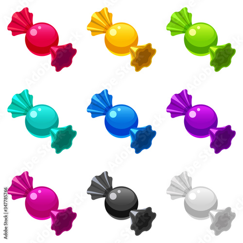 Set Candies wrapped lollipop bonbon isometric sweet food different colors.