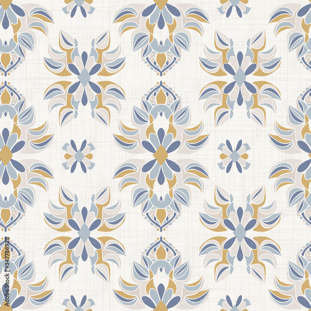 Seamless medallion pattern in french cream linen shabby chic style. Hand drawn floral damask texture. Old white blue background. Interior wallpaper home decor swatch. Ornate flourish all over print