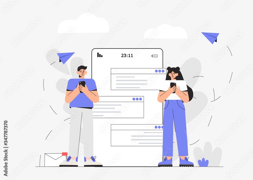 The concept of social networks and online communication. A young woman and a man standing near the screen of the phone, and chatting online. Vector illustration in a modern flat style.
