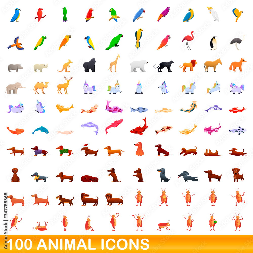 100 animal icons set. Cartoon illustration of 100 animal icons vector set isolated on white background