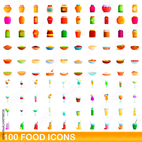 100 food icons set. Cartoon illustration of 100 food icons vector set isolated on white background