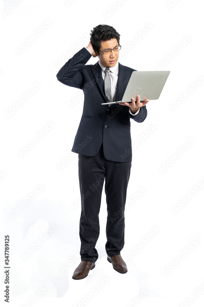 Asian and Thai man, smart businessman holding laptop isolated on white background Asian and Thai man, smart businessman holding laptop isolated on white background