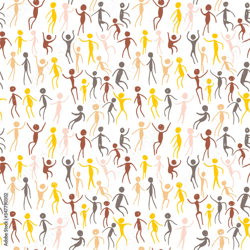 Bright dark background with painted human figures. Seamless pattern People Move. Vector illustration. Doodle figures hand drawn people. Hand draw black marker art.