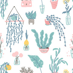 Keuken achterwand Planten in pot patronen Gezellige kamerplanten pastelkleuren patroon  © Svitlana Kharchuk