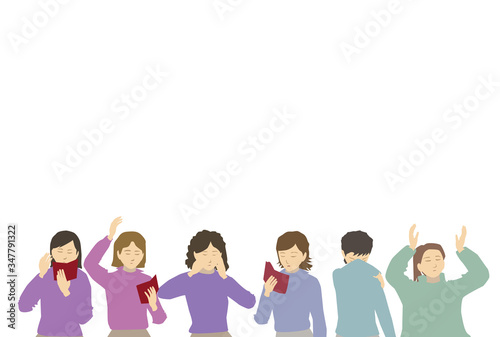 Six religious ultra - Orthodox Jewish women pray.
Some read from "prayer arrangement" and some without.
One woman says confession.
Flat vector drawing. In nice shades on a white background.