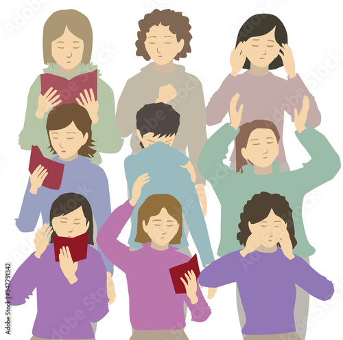 Nine religious ultra - Orthodox Jewish women praying.
Some read from "prayer arrangement" and some without.
One woman says confession.
Flat vector drawing. In nice shades on a white background.