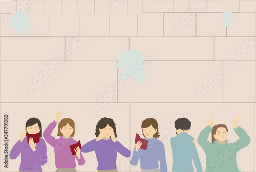 Six religious ultra - Orthodox Jewish women pray.
Some read from "prayer arrangement".
Flat vector drawing. In nice shades 
Against the backdrop of the Western  Wall in Jerusalem 