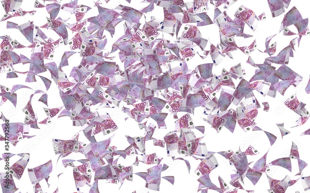 Flying euro banknotes isolated on a white background. Money is flying in the air. 500 EURO in color. 3D illustration Flying euro banknotes isolated on a white background. Money is flying in the air. 500 EURO in color. 3D illustration