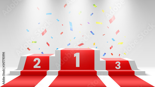 White winners podium with red carpet and confetti. Stage for awards ceremony. Pedestal with spotlights. Vector illustration.