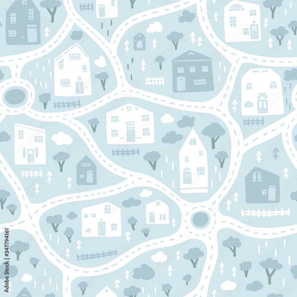 Baby City map with roads and buildings. Vector seamless pattern in blue color. Cartoon illustration in childish hand-drawn scandinavian style. For nursery room, textile, wallpaper, clothing, etc