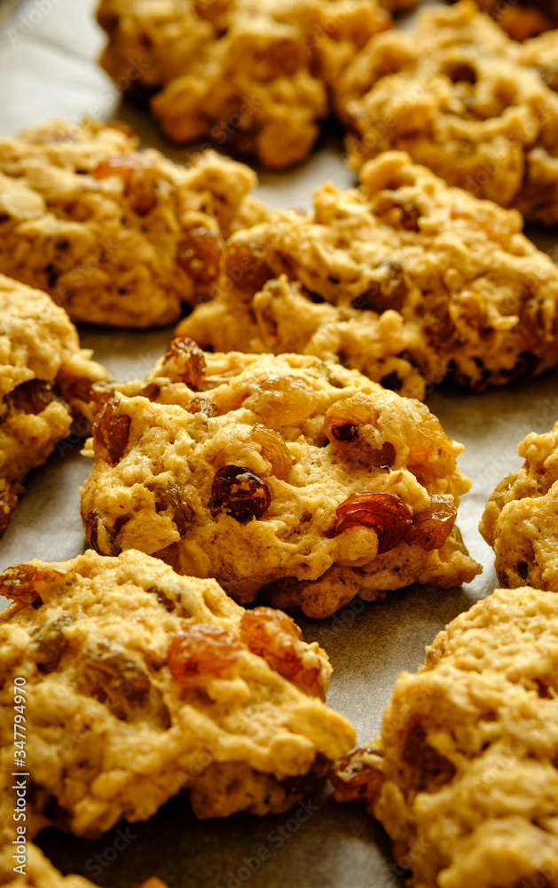 Freshly baked batch of raisin and sultana cookies