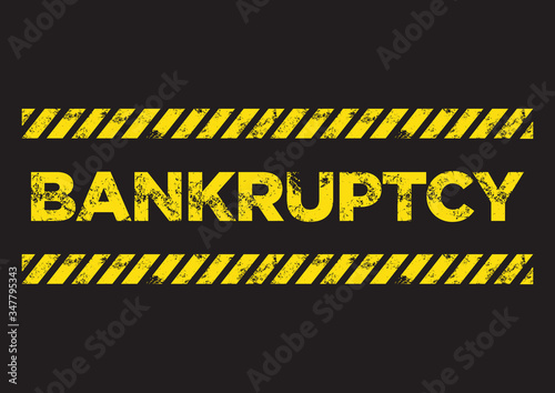 Bankruptcy distress sign. Broken yellow font text. Concept of economy recession or business crisis.