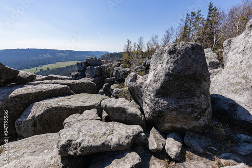Stolowe Mountains National Park. Path in Rock Labyrinth hiking trail Bledne Skaly. Errant Rocks in Sudetes Mountains near Kudowa-Zdroj, Lower Silesia, Poland. © Curioso.Photography