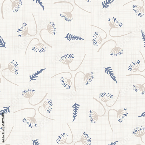 Seamless tossed floral pattern in french blue linen shabby chic style. Hand drawn country bloom texture. Rustic woven background. Kitchen towel home decor swatch. Simple flower motif all over print