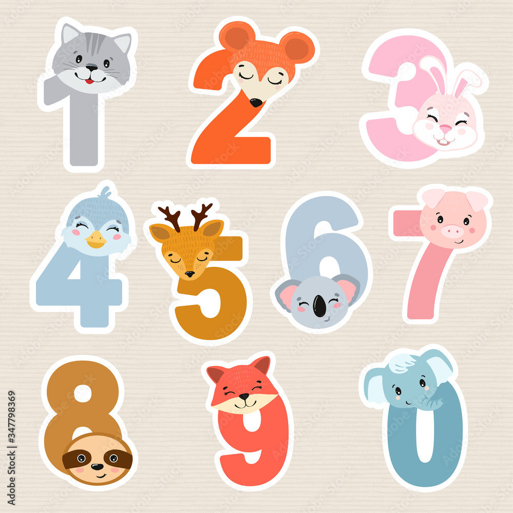 Set of children numbers with animals. Vector illustration for kids.