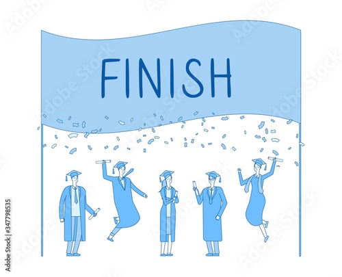 Graduates. Graduation party, graduation from high school or university. Happy students receive diplomas vector illustration. College education graduation, school and university diploma