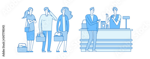 Grocery people queue. Woman man in waiting line to cashbox. Isolated girl boy in supermarket with shopping cart vector illustration. People queue, customer in supermarket near cashier