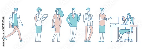 Long queue people. Men women in social institution, waiting for secretary. Administrator, accepting applications and documents vector illustration. Woman man in queue to secretary, waiting long line