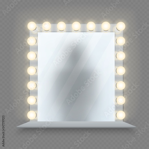 Realistic makeup mirror. Glass in bulbs frame with table. Shadow reflection, equipment for dressing room vector illustration. Mirror with bulb, glass frame fashion, illuminated backstage