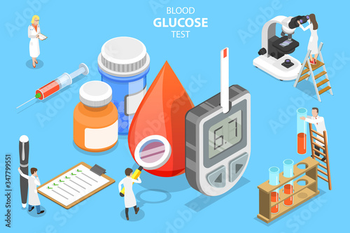 3D Isometric Flat Vector Concept of Blood Glucose Testing, Glucometer Hand Test, Diabetes Problem Awareness and Treatment, Insulin Injection.