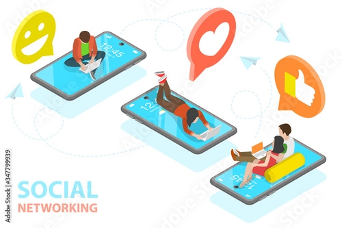 3D Isometric Flat Vector Concept of Social Networking, Digital Communication, Online Chatting.