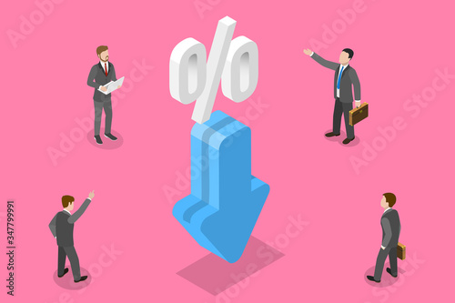 3D Isometric Flat Vector Concept of Percentage Decrease, Interest Rate Drop.