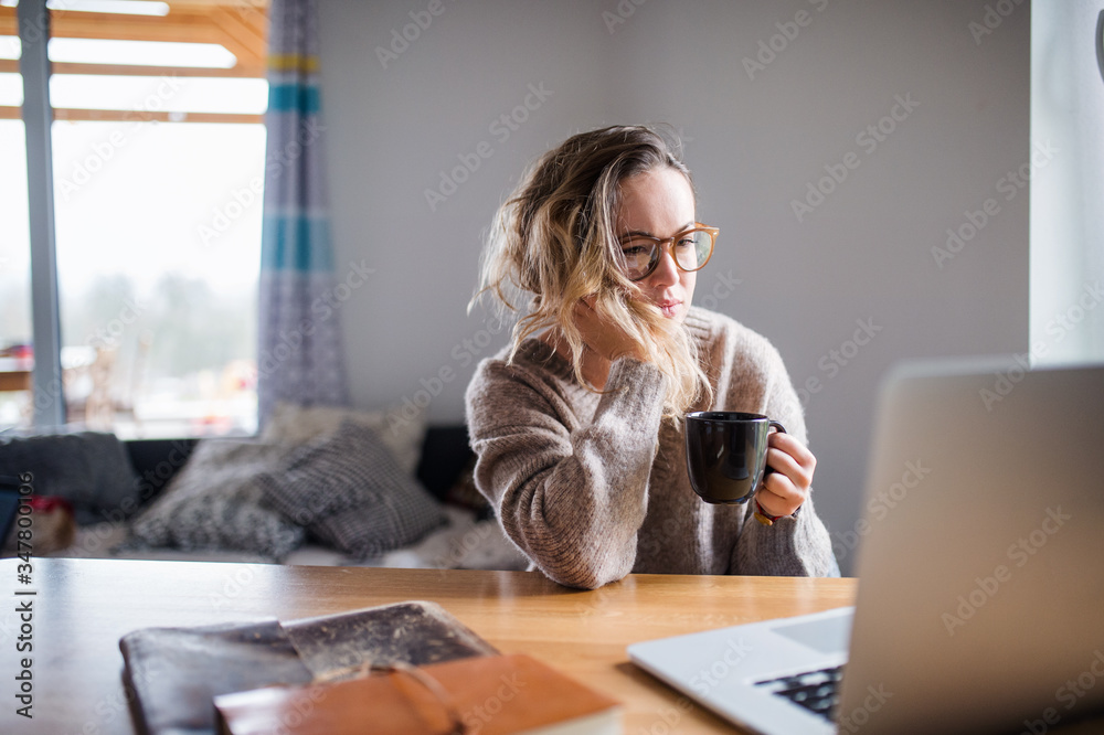 Obraz premium Young woman with laptop and coffee working indoors at home.