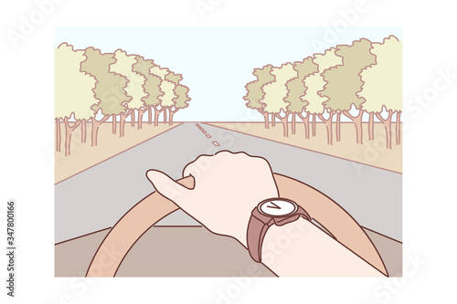 Travelling, road, tourism concept. Human traveller tourist rider cartoon character driving car vehicle moving on highway. Vacation weekend trip and holiday adventure with active lifestyle illustration