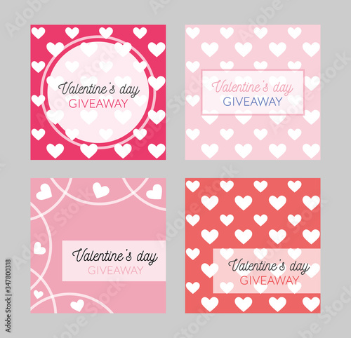 Valentine's day giveaway templates. Cute pastel social media banners with white hearts. Standard size: 1080*1080 px