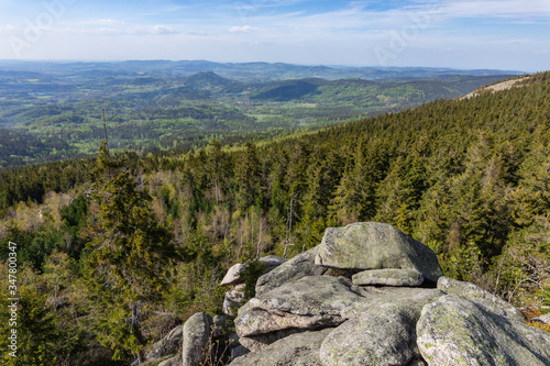 Rudawy Janowickie Landscape Park. Mountain range in Sudetes in Poland. View from Mala Ostra hill.