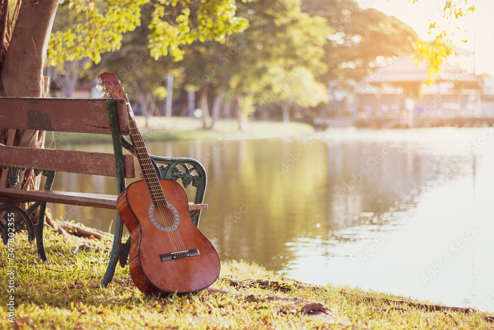 View of Acoustic guitar at lake. background the nature of the lake. Stock  Photo | Adobe Stock