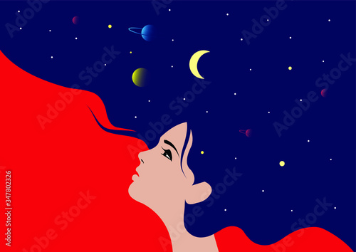 The profile of a girl with he hair full of stars inside. Female portrait of magic night fairy. Vector illustration. Fantasy, spirituality, occultism.