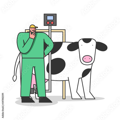 Concept Of Dairy Production. Man Milk Factory Worker In Uniform Controls Process Of Milking Cows And Quality Of Production On Milk Plant Or Factory. Cartoon Linear Outline Flat Vector Illustration