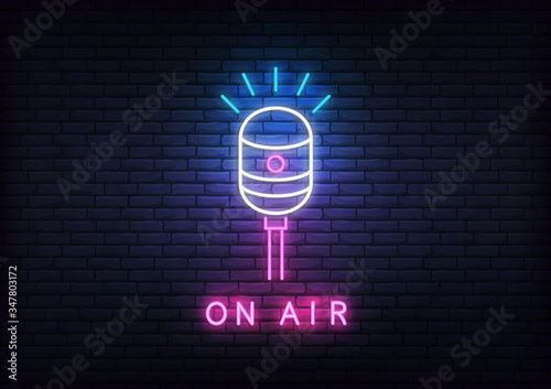 On air neon template. Template with glowing on air text and microphone