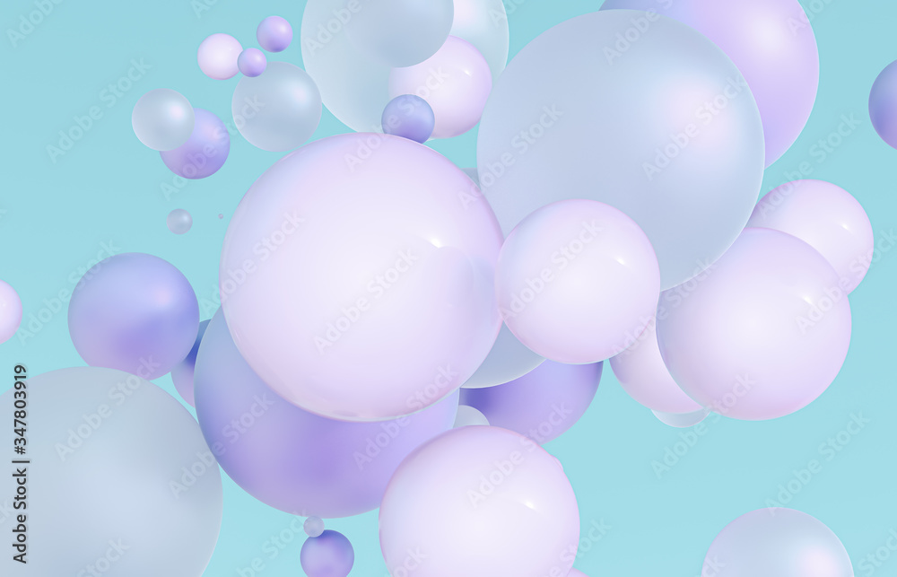 Abstract 3d art background. Holographic geometric floating liquid blobs, soap bubbles, sphere.