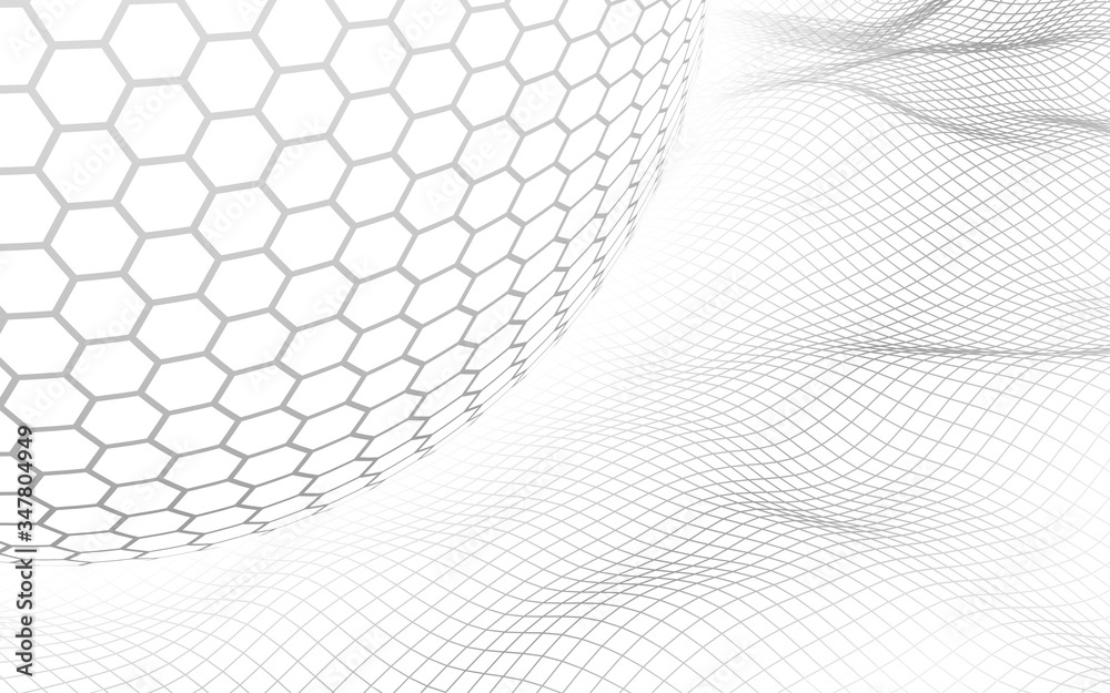 Abstract landscape on a white background with white honeycomb sphere. Cyberspace grid. hi tech network. 3d illustration Abstract landscape on a white background with white honeycomb sphere. Cyberspace grid. hi tech network. 3d illustration