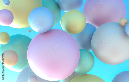 Abstract 3d art background. Pastel geometric floating liquid blobs, soap bubbles, sphere.