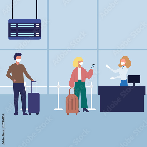 People staying in the line in the airport and keeping social distance during coronavirus pandemic. People in medical masks to be protected from coronavirus.
