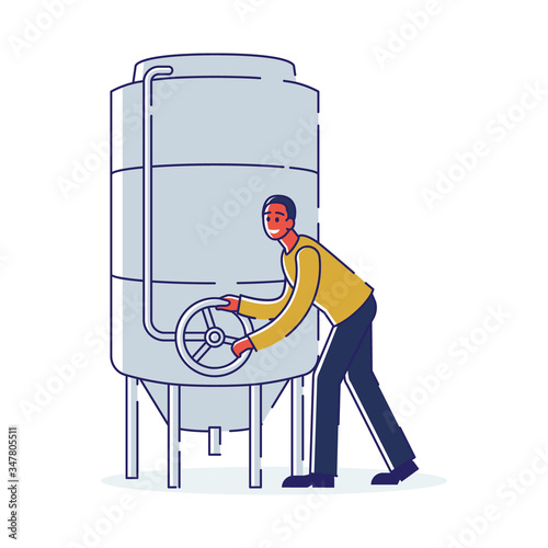 Industrial Production Of Liquids. Technician Is Control Of Work Of Container With Liquid In, Turning Control Valve. Production or Manufacture Stage. Cartoon Linear Outline Flat Vector Illustration